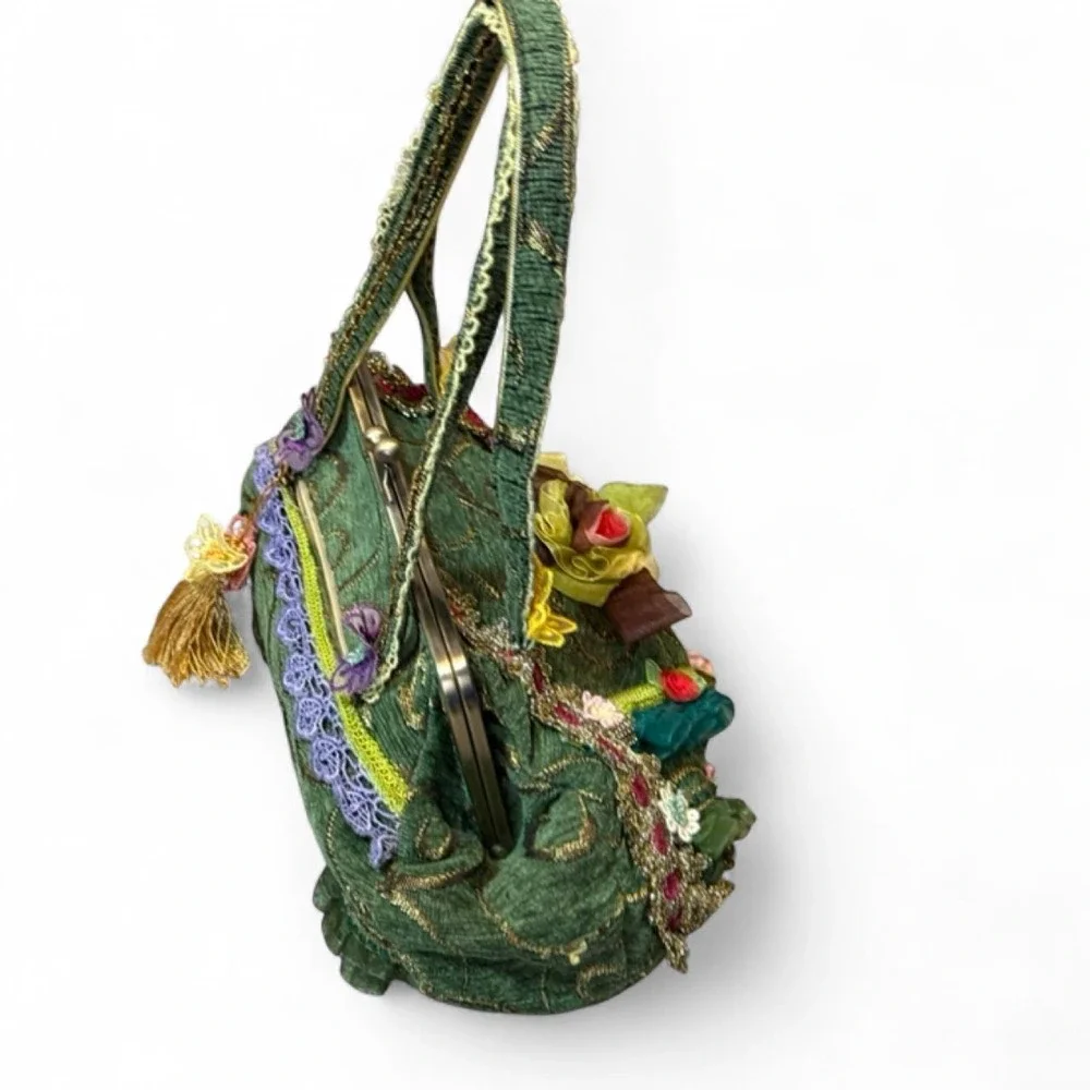 Vintage‎ Inspired Green Floral Tapestry Embellished Handbag